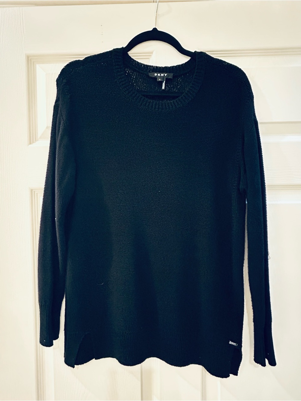 DKNY Long Sleeve Black Cotton Crew Sweater, Size S